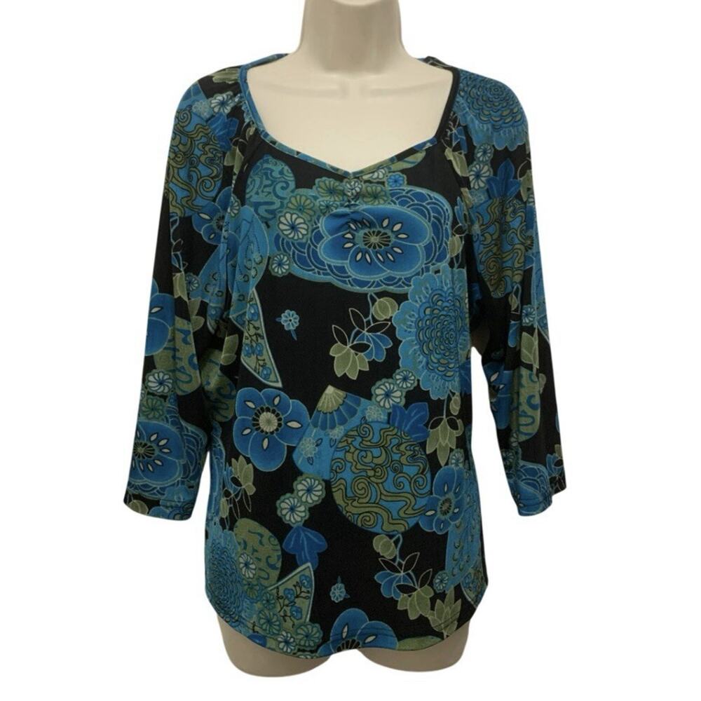 Vintage Y2K No Boundaries Paisly Floral Top XL 3/4 Stretchy V Neck Blue Black